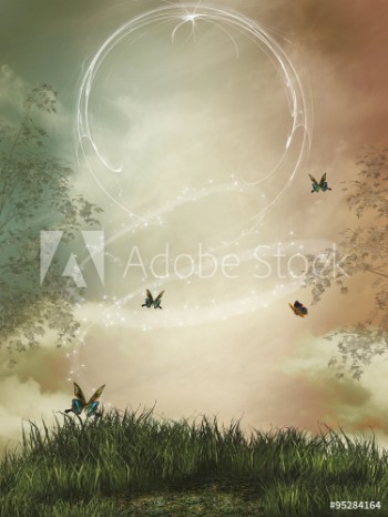 Bild på fantasy landscape with sparkles and butterfly
